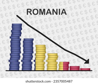 Romania economic collapse, decreasing values with coins, crisis and downgrade concept, Romania flag with changes, falling arrow, news banner idea, fail and decrease, financial decline