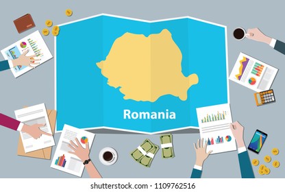 romania economy country growth nation team discuss with fold maps view from top vector illustration