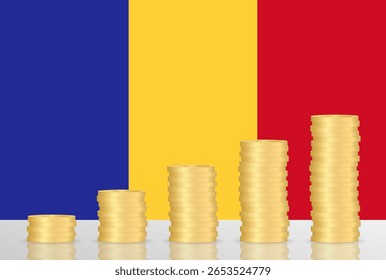 Romênia Economia. Bandeira da Romênia com Pilha de Moedas. Conceito financeiro e de investimento. Ilustração de vetor.  
