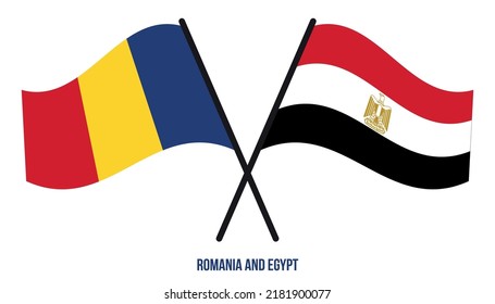 Romania and Egypt Flags Crossed And Waving Flat Style. Official Proportion. Correct Colors.