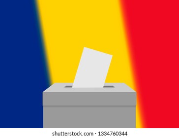Romania election banner background. Ballot Box with blurred flag