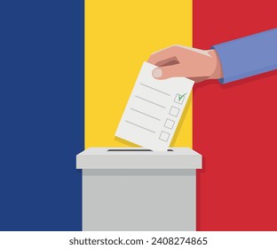 Romania election concept. Hand puts vote bulletin into vote box.