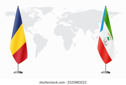 Romênia e Guiné Equatorial bandeiras para reunião oficial contra fundo do mapa do mundo.