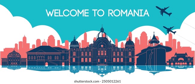 Romania famous landmark silhouette style, vector illustration