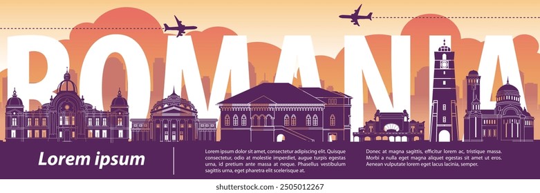 Romania famous landmark silhouette style, vector illustration