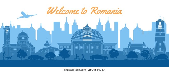 Romania famous landmarks in the city and park by silhouette style,vector illustration