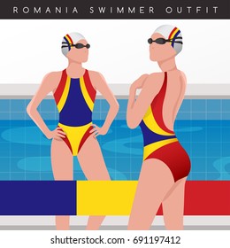 Romania : Female Swimmers : Swimmers in National Swimsuits : Vector Illustration