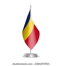 Romania flag - 3D mini flag hanging on desktop flagpole. Usable for summit or conference presentaiton. Vector illustration with shading.