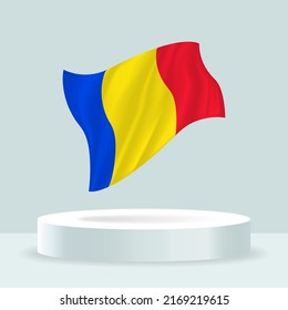 Bandera de Rumania. 3d representación de la bandera mostrada en el soporte. Bandera ondulada en tonos pastel modernos. Dibujo, sombreado y color de la bandera en capas separadas, cuidadosamente en grupos para una edición sencilla.