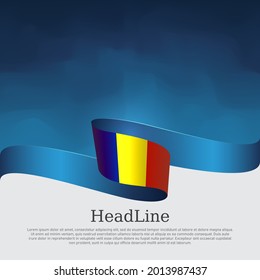 Romania flag background. Romanian flag wavy ribbon on blue white background. National patriotic poster. Vector tricolor brochure design. State banner of romania, cover, flyer