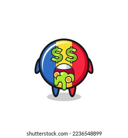 personaje de insignia de bandera rumana con expresión de locura sobre el dinero, diseño de estilo lindo para camiseta, pegatina, elemento logo