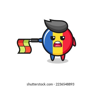 romania flag badge character as line judge hold the flag straight horizontally , cute style design for t shirt, sticker, logo element