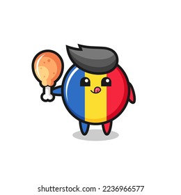 romania flag badge cute mascot is eating a fried chicken , cute style design for t shirt, sticker, logo element