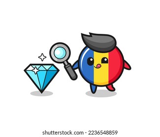 la mascota de insignia de la bandera de rumania está comprobando la autenticidad de un diamante , diseño de estilo lindo para camiseta, pegatina, elemento logo