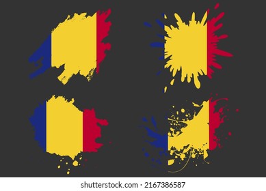 Juego de vectores de salpicadura de la bandera rumana, activo del logotipo del país, concepto de ilustración de gruns de pintura, efecto de grifo del pincel de la bandera rumana, máscara de salpicadura de agua, idea del logotipo de la bandera del país creativo