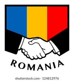 Romania flag and business handshake, vector illustration