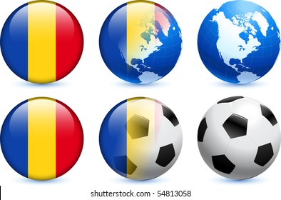Romania Flag Button with Global Soccer Event Original Illustration