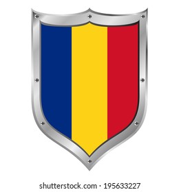 Romania flag button on a white background. The colors of the original. Vector illustration.