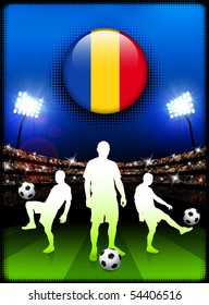 Romania Flag Button with Soccer Match in Stadium Original Illustration