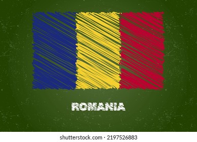 Romania flag with chalk effect on green chalkboard, hand drawing country flag concept, green blackboard with Romania flag, chalk texture, flag for kids, classroom material