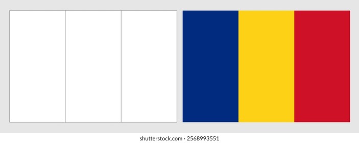 Romania flag - coloring page. Set of white wireframe thin black outline flag and original colored flag.