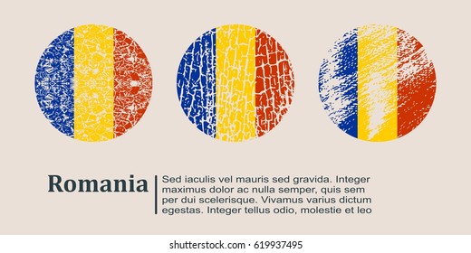Romania flag design concept. Flags collection textured in grunge style with country name. Image relative to travel and politic themes. Translation of the inscription: Romania