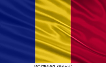 Gestaltung der rumänischen Flagge. Waving Romania Fahne aus Satin oder Seidengewebe. Vektorgrafik.