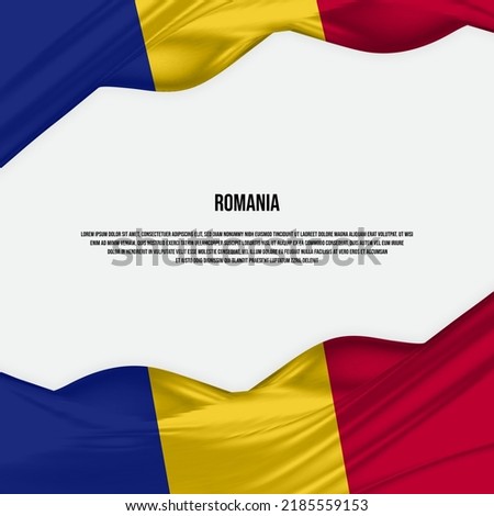 Romania flag design. Waving Romania flag made of satin or silk fabric. Vector Illustration.