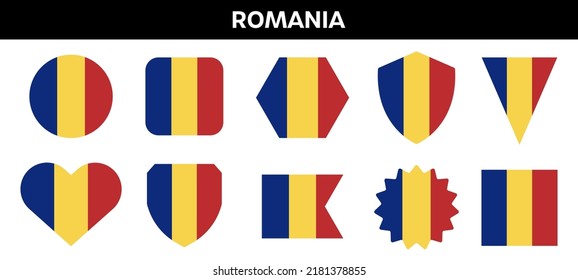 Romania flag in different shapes. Romanian colors emblem set.