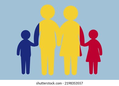 Romania flag with family concept, vector element, parent and kids holding hands, immigrant idea, happy family with Romania flag, flat design asset