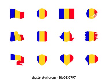 Romania flag - flat collection. Flags of different shaped twelve flat icons. Vector illustration set