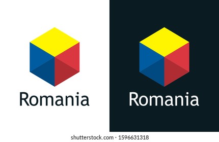 Romania flag in flat minimalism style on white and black, Vector Logo for Travel, Sport or Elections decoration. Creative illustration with caption fit into national design.
