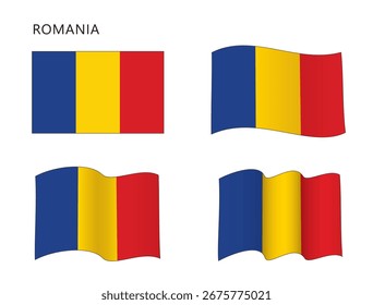 Bandera de Rumania en configuración plana y ondulada, Ilustración vectorial aislada sobre fondo blanco, eps
