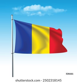 Bandera de Rumania ondeando en el cielo azul, ilustración de Vector.