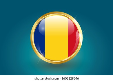 Romania flag in the form of a circle, can be used for independence day or other events. Romania icon gold glossy badge button with Romania flag and shadow on light background. vector illustration. 