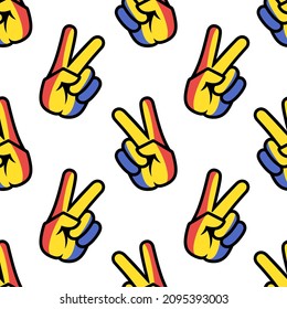 Bandera de Rumania en forma de señal de paz. El fondo es impecable. Señal de victoria de Gesture V, signo patriótico, icono para aplicaciones, sitios web, camisetas, recuerdos, etc., aislados en fondo blanco