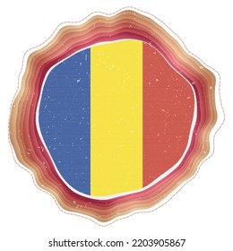 Romania flag in frame. Badge of the country. Layered circular sign around Romania flag. Stylish vector illustration.