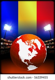 Bandera de Rumania con el globo sobre el fondo del estadio Ilustración original