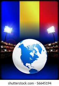 Bandera de Rumania con el globo sobre el fondo del estadio Ilustración original