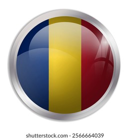 Romania flag - glossy circle button displays a colorful flag representing a country cultural identity and heritage. The essence of national pride and unity.