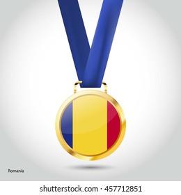 Romania Flag in gold Medal. Vector Illustration. RIO Olympic Game gold Medal. Vector Illustration