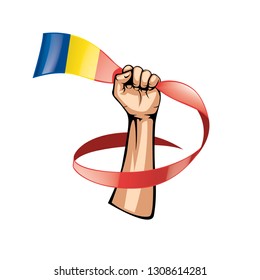 Romania flag and hand on white background. Vector illustration