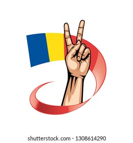 Romania flag and hand on white background. Vector illustration