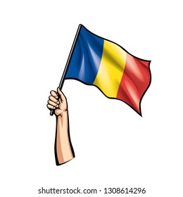 Romania flag and hand on white background. Vector illustration