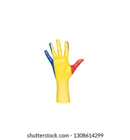 Romania flag and hand on white background. Vector illustration