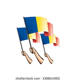 Romania flag and hand on white background. Vector illustration