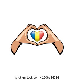 Romania flag and hand on white background. Vector illustration
