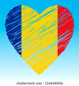 Romania flag, Heart shape, grunge style.