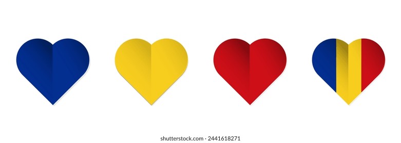 Romania flag in heart shape. Set of hearts with Romanian flag colors. Vector illustration isolated on white background.