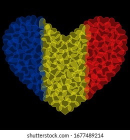 Romania Flag in Heart Shape. Transparent hearts design. Isolated vector Illustration. Use for printing, posters, T-shirts, textile drawing, print pattern, etc. Follow other flags in my collection.
